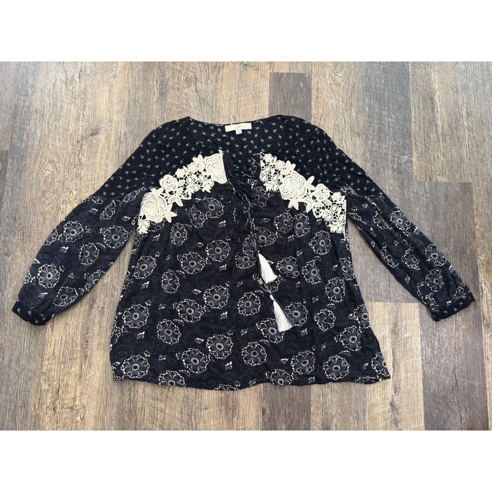 LOFT Ann Taylor Navy Floral Crochet‎ Lace Tassel Tie Blouse Top Small